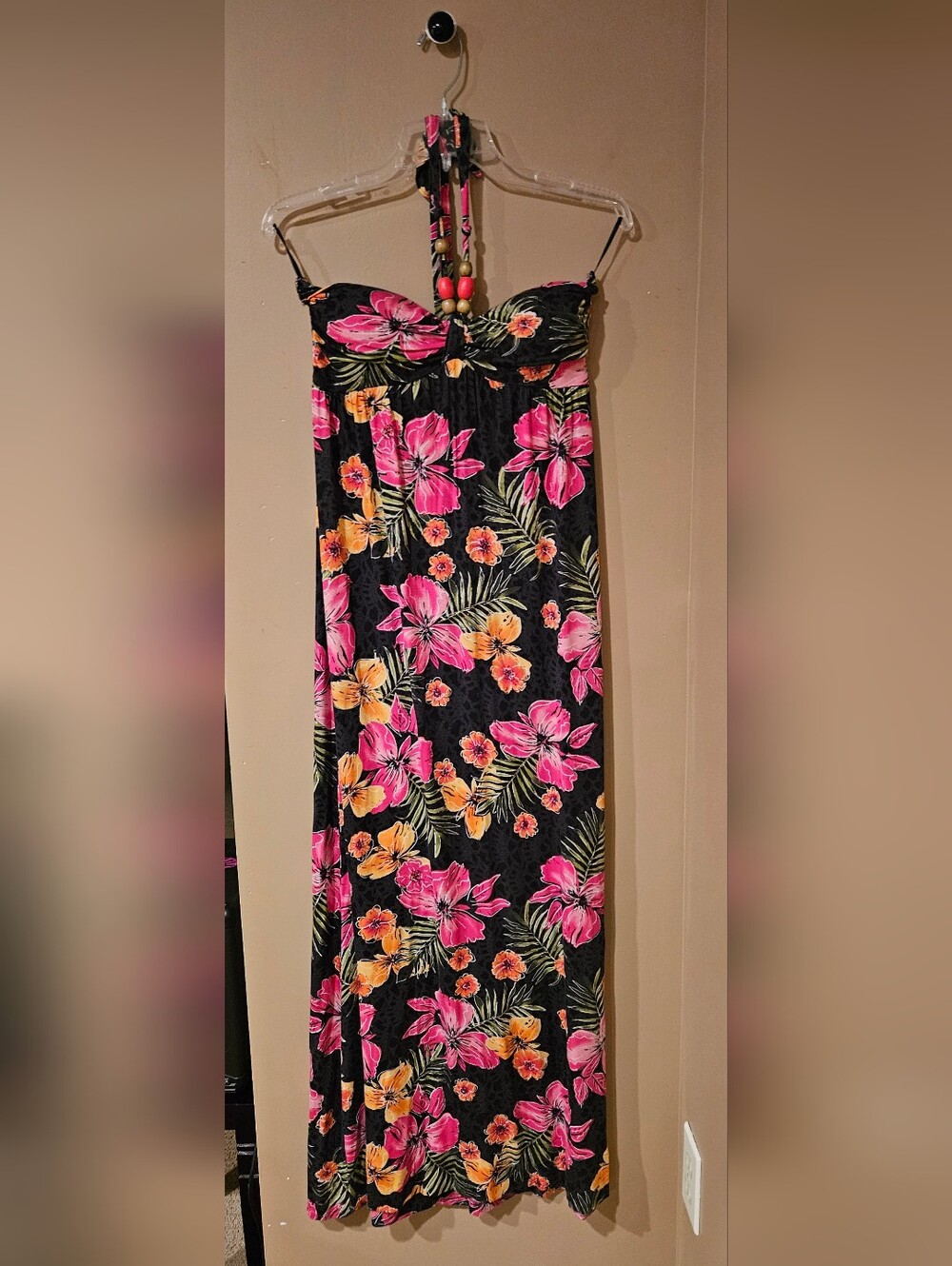American Rag Black Maxi Dress with Pink & Orange Floral Print
